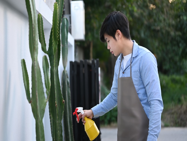 A person spraying insecticide to the plant. 